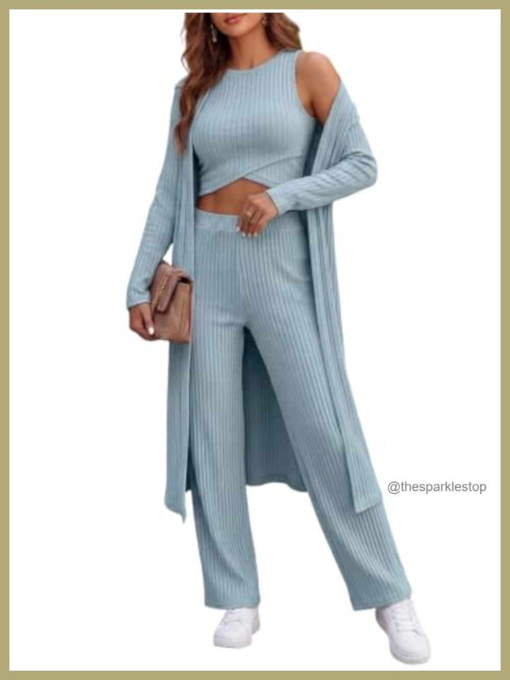 3 Piece Ribbed Knit Lounge Set Crop Tank Cardigan Wide Leg Pants